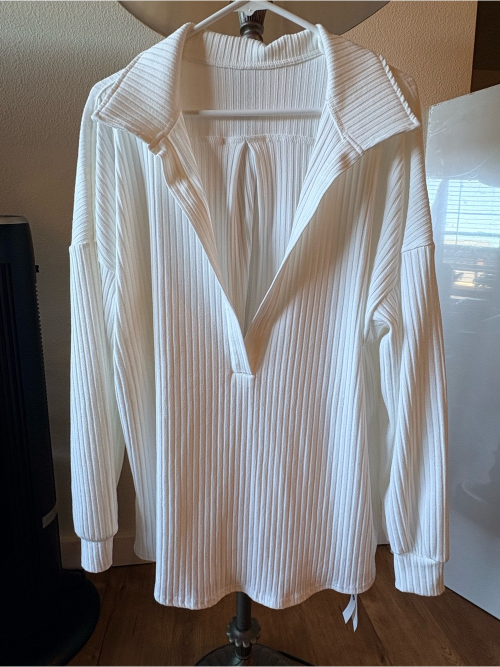 FISOEW Womens White Oversized Ribbed Deep V-Neck Pullover Sweatshirt L